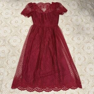 VTG Union Made Red Sheer Lace Dress Sm Modest Coquette Date Night Midi Cocktail